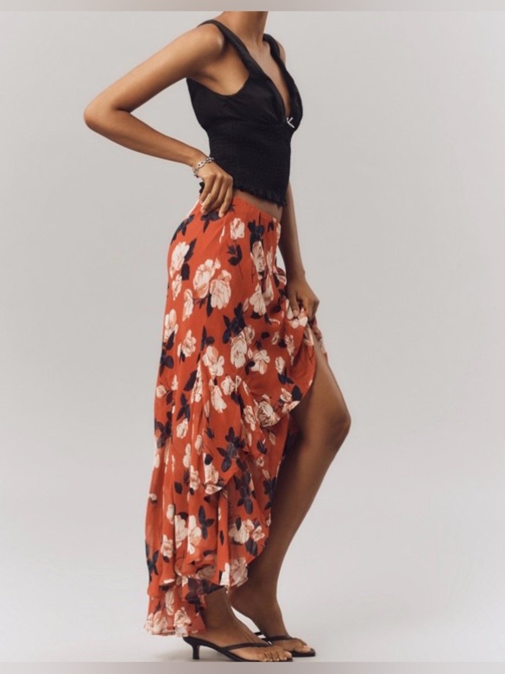 Maeve Rust Floral High-Low Ruffle Skirt Size XS - Picture 3 of 12